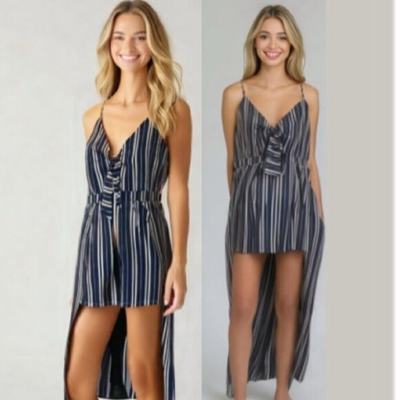 NAVY Blue and White Striped Maxi Romper with Cut-Out Sz Large - Picture 1 of 17